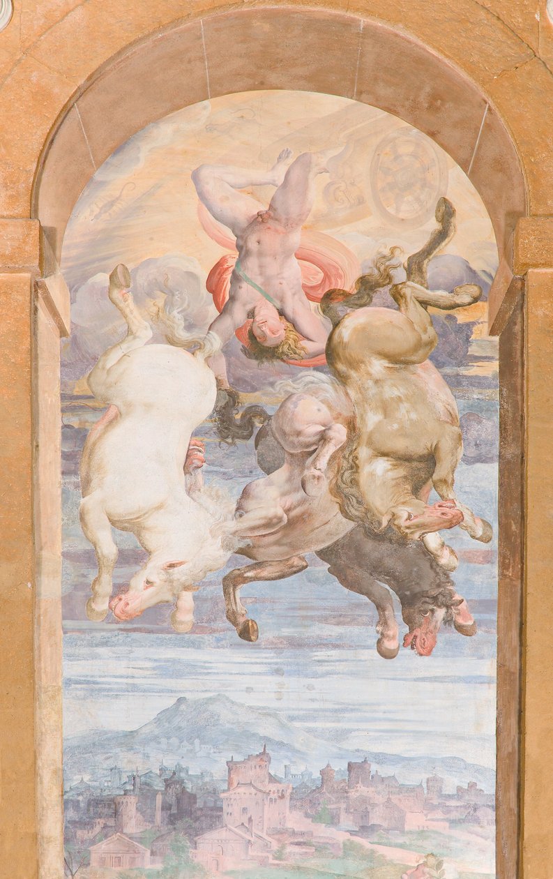 Solvognen drevet av Apollo som dykker mot jorden, østveggen til Apollo Loggia, ca. 1560 (fresco) av Giovanni Battista and Cambiaso Luca Castello