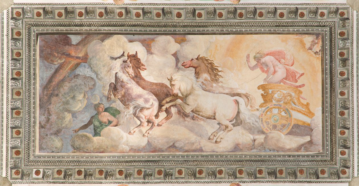 The Chariot of the Sun drevet av Apollo, Apollo Loggia, ca. 1560 (fresco) av Giovanni Battista and Cambiaso Luca Castello