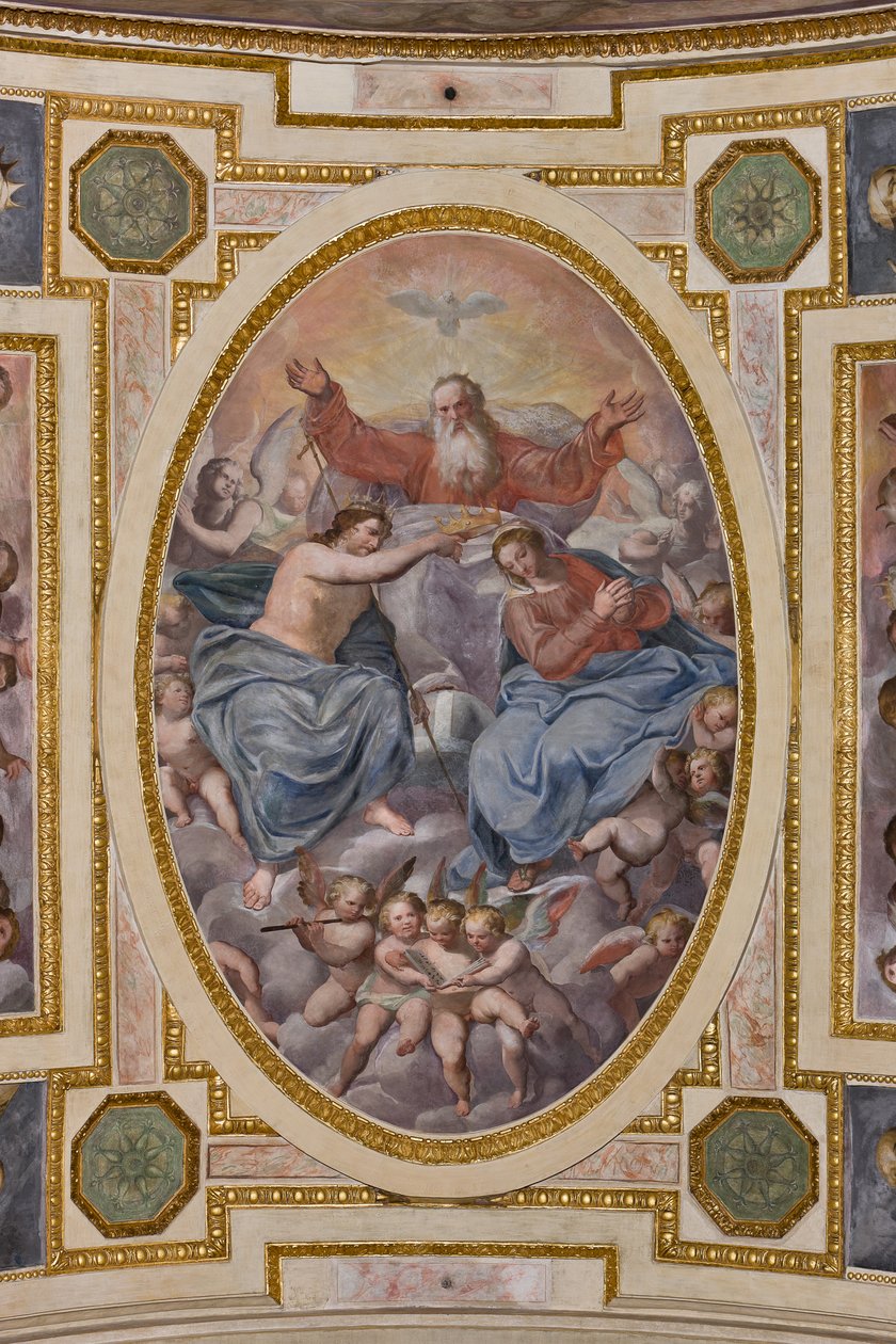 Genova, Duomo (St. Lawrence Cathedral), interiør, The Lercari Chapel eller The Chapel of the Blessed Sacrament (Nord apse), hvelv: "Coronation of the Virgin", freskomaleri av Giovanni Battista Castello kjent som Bergamasco av Giovanni Battista Castello