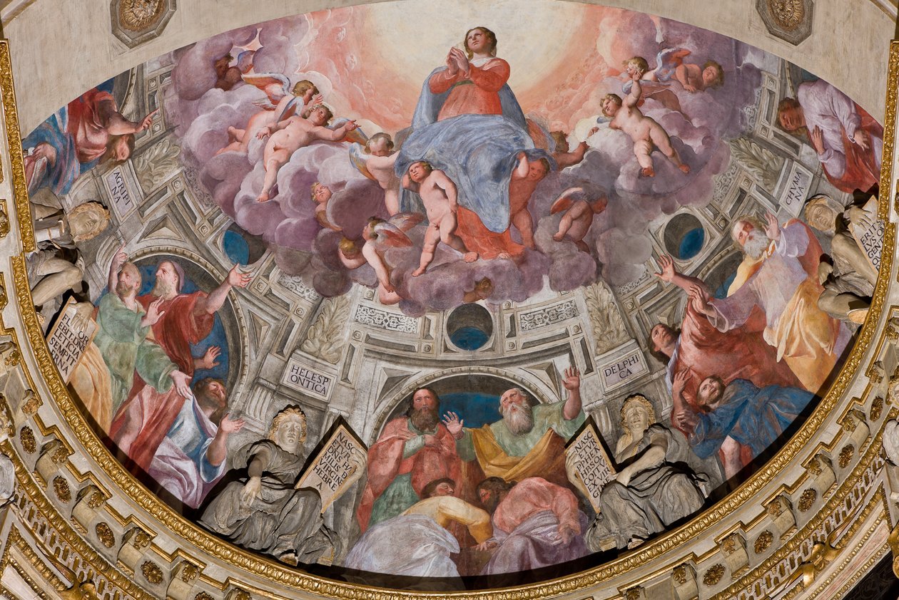 Genova, Duomo (St. Lawrence Cathedral), inne, The Lercari Chapel eller The Chapel of the Blessed Sacrament (Northern apse), apsis: "Assumption of the Virgin", freskomaleri av Giovanni Battista Castello kjent som Bergamasco av Giovanni Battista Castello