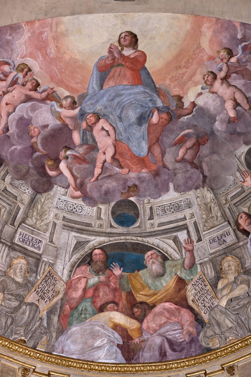 Genova, Duomo (St. Lawrence Cathedral), inne, The Lercari Chapel eller The Chapel of the Blessed Sacrament (Northern apse), apsis: "Assumption of the Virgin", freskomaleri av Giovanni Battista Castello kjent som Bergamasco av Giovanni Battista Castello