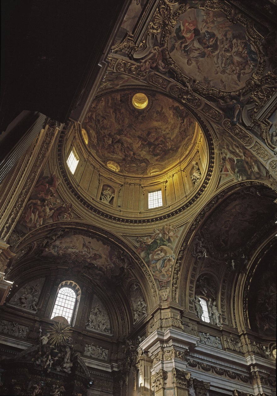 Utsikt over kuppelen og fresken av Baciccia, Gesu-kirken i Roma, ca. 1568 (innvendig utsikt over Chiesa del Gesu med kuppel og Baciccias fresker, Roma, Italia) av Giovanni Battista  Gaulli