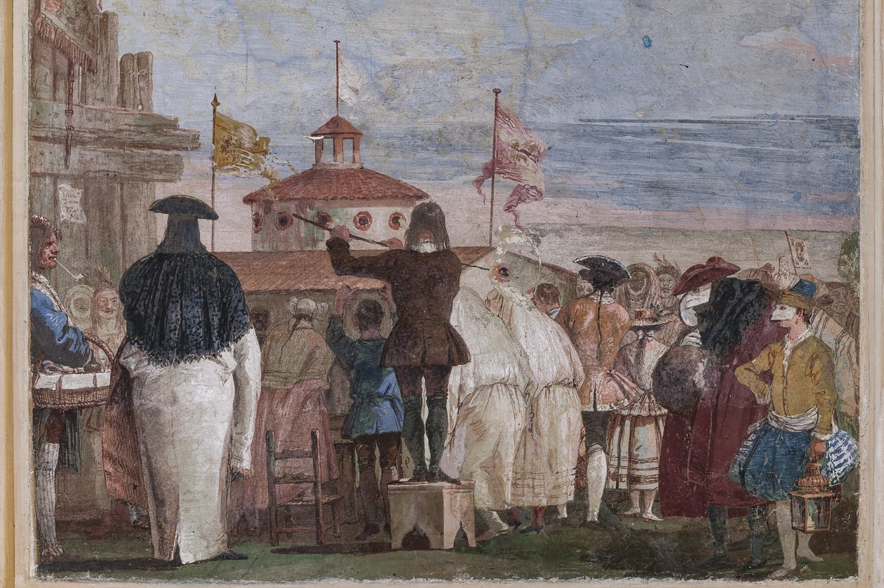 Guest Lodgings, the Room of the Carnival Scenes: "New World", en scene med masker som imiterer et oljemaleri av Giovanni Battista Tiepolo