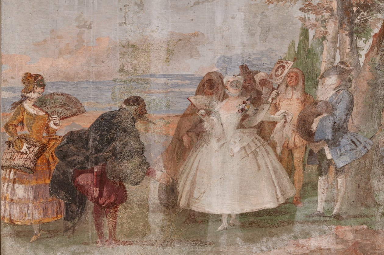 Guest Lodgings, the Room of the Carnival Scenes: "Pantalone and Columbina", en scene med masker av Giovanni Battista Tiepolo
