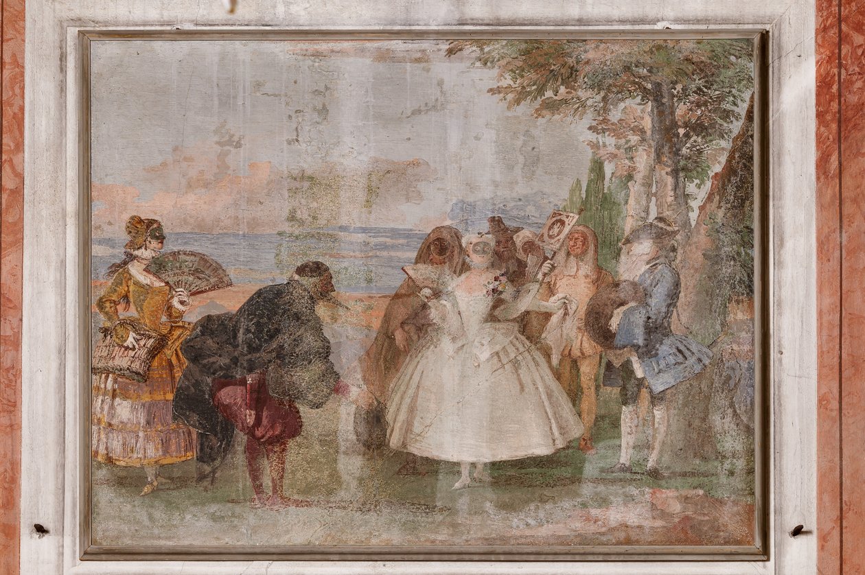 Guest Lodgings, the Room of the Carnival Scenes: "Pantalone and Columbina", en scene med masker av Giovanni Battista Tiepolo