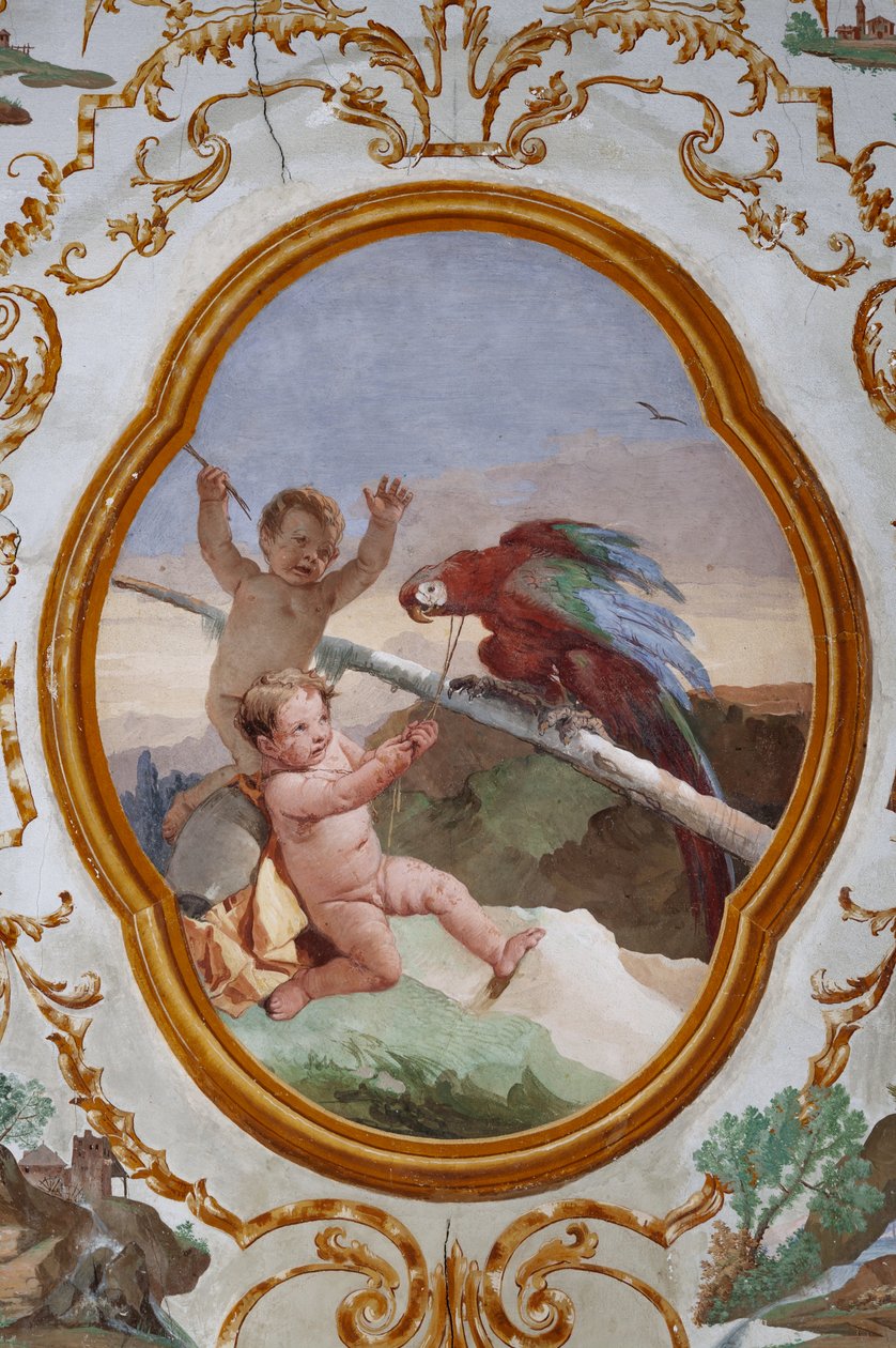 Guest Lodgings, the Room of the Putti, medaljong med putti: "To putti og en papegøye" av Giovanni Battista Tiepolo