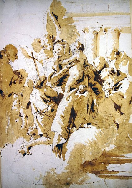 Madonna og barn med engler, hellige og spedbarnet døperen Johannes (penn og brunt blekk og vask på papir) av Giovanni Battista Tiepolo