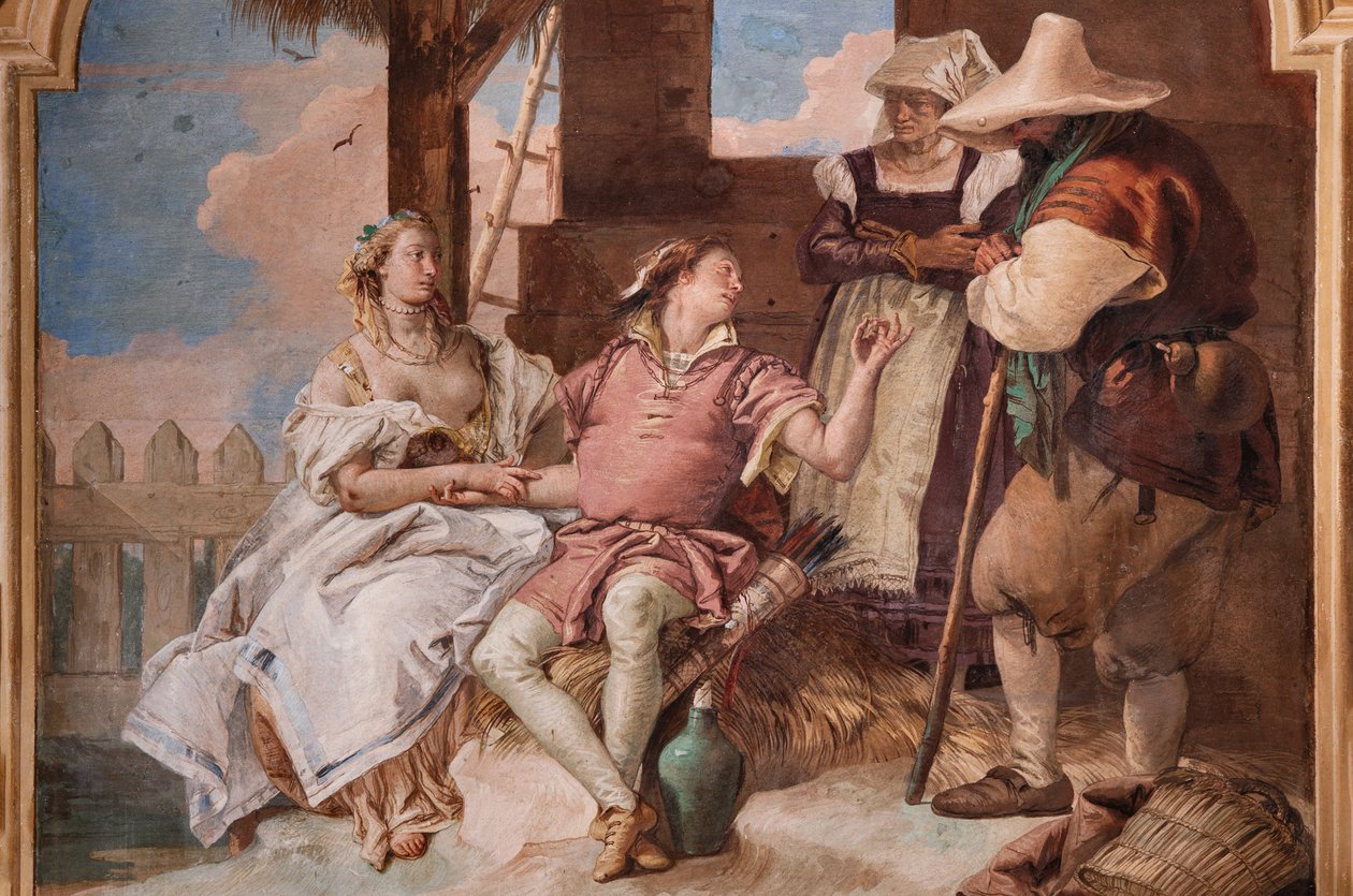 Palazzina (liten bygning): andre rom eller rom til Ariosto med fresker som representerer episoder fra "Orlando Furioso": "Angelica og Medoro i hyrdenes hus" av Giovanni Battista Tiepolo