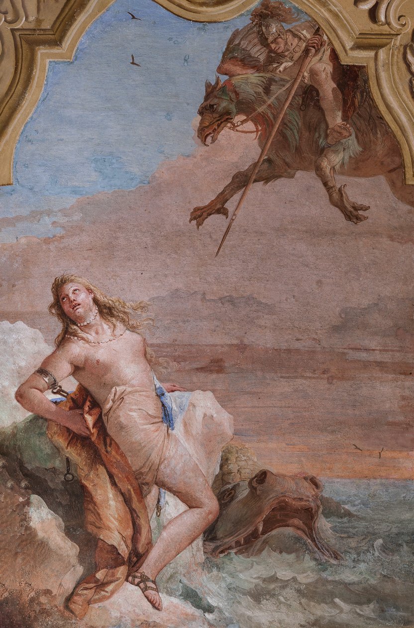 Palazzina (liten bygning): andre rom eller rom til Ariosto med fresker som representerer episoder fra "Orlando Furioso": "Ruggiero redder Angelica fra sjømonsteret" av Giovanni Battista Tiepolo