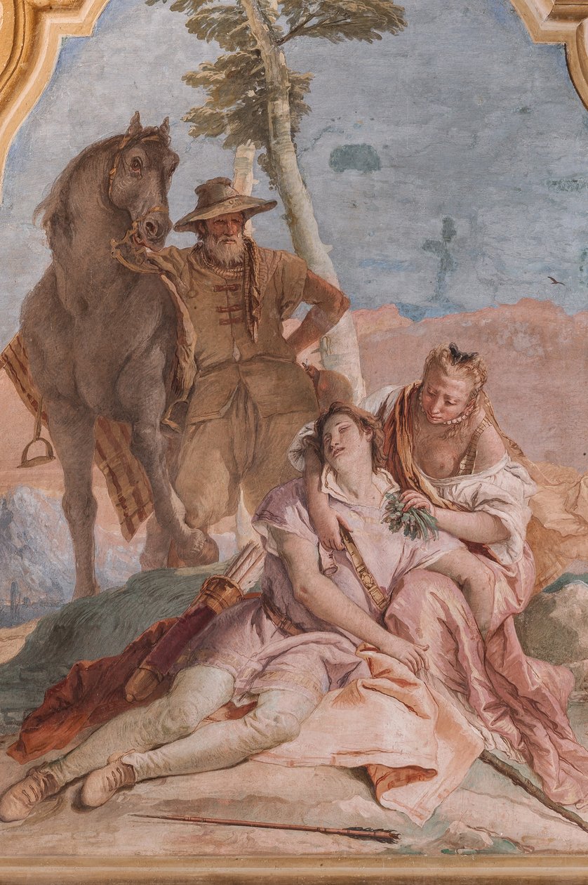 Palazzina (liten bygning): andre rom eller rom til Ariosto med fresker som representerer episoder fra "Orlando Furioso": "Angelica tar seg av Medoros sår" av Giovanni Battista Tiepolo