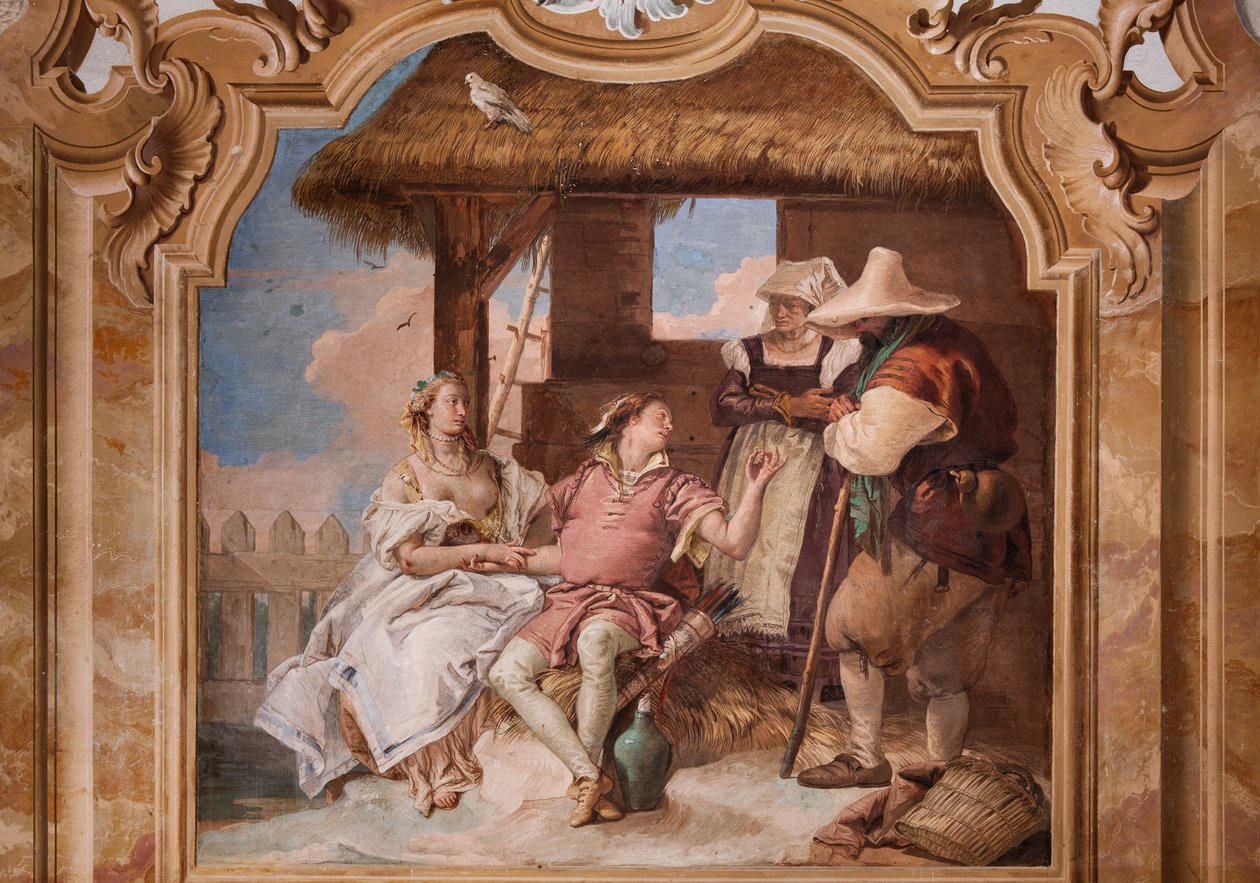 Palazzina (liten bygning): andre rom eller rom til Ariosto med fresker som representerer episoder fra "Orlando Furioso": "Angelica og Medoro i hyrdenes hus" av Giovanni Battista Tiepolo