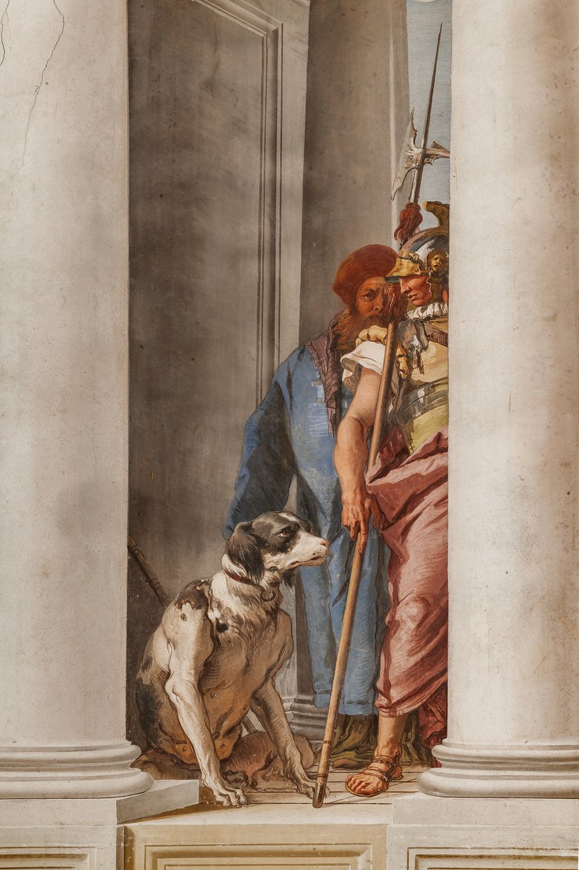 Palazzina (liten bygning), inngangspartiet: "Den greske flåten i Aulide", detalj som representerer en hund og en soldat av Giovanni Battista Tiepolo