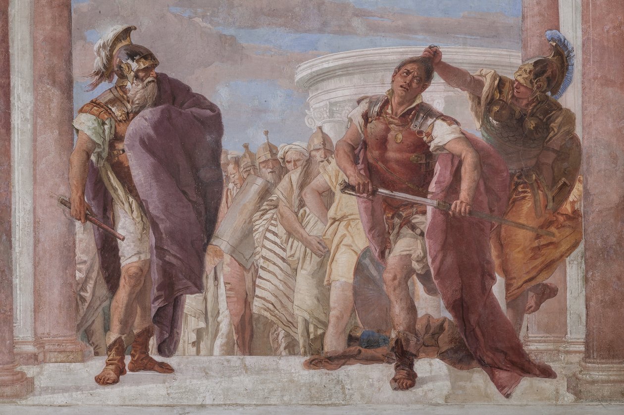 Palazzina (liten bygning): utsikt over det første rommet og dets fresker som representerer episoder fra Iliaden: "Athena forhindrer Akilles i å trekke sverdet sitt mot Agamemnon", detalj av Giovanni Battista Tiepolo