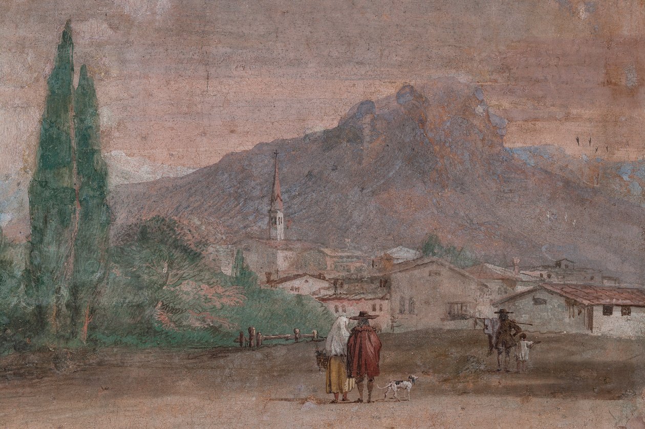 Palazzina (liten bygning): utsikt over det første rommet og dets fresker som representerer episoder fra Iliaden: "Amor med piler som flyr over et venetiansk landskap", detalj om landskapet av Giovanni Battista Tiepolo