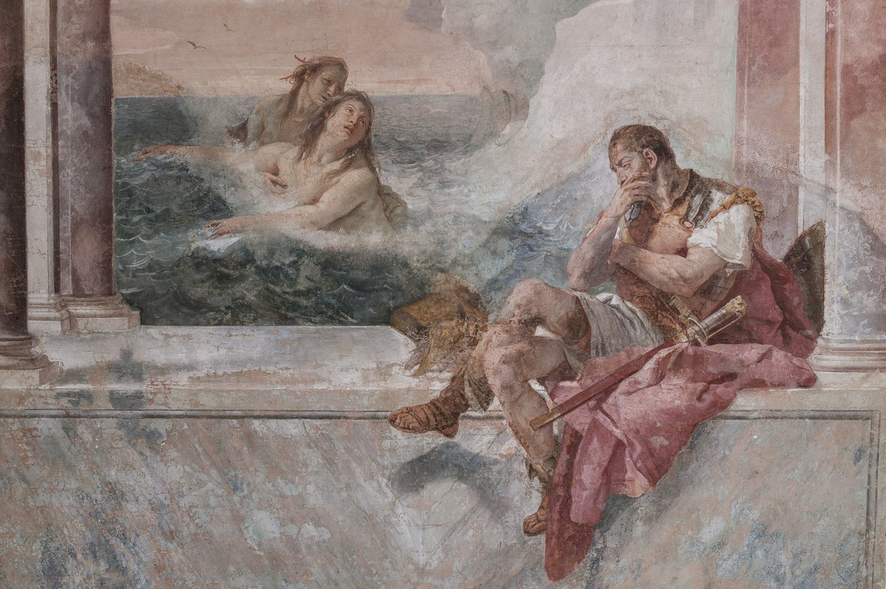 Palazzina (liten bygning): utsikt over det første rommet og dets fresker som representerer episoder fra Iliaden: "Akilles i tårer mens moren hans Thetis dukker opp fra havet for å trøste ham", detalj av Giovanni Battista Tiepolo