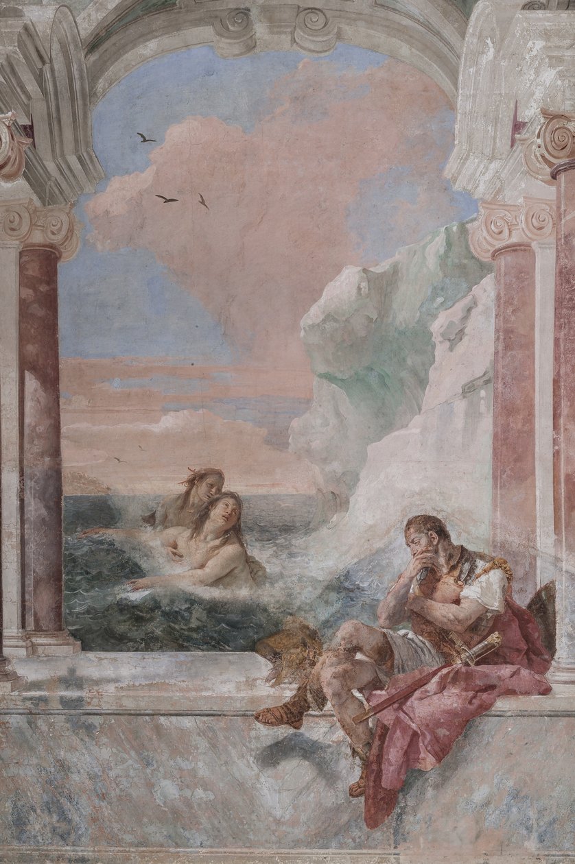 Palazzina (liten bygning): utsikt over det første rommet og dets fresker som representerer episoder fra Iliaden: "Akilles i tårer mens moren hans Thetis dukker opp fra havet for å trøste ham" av Giovanni Battista Tiepolo