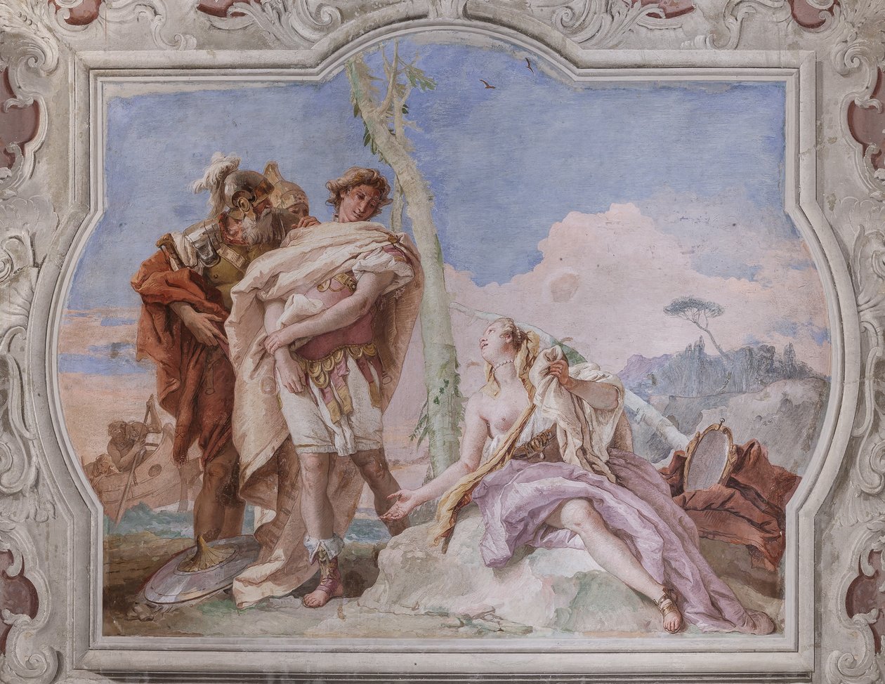 Palazzina (liten bygning): utsikt over det fjerde rommet eller Torquato Tasso, med freescoes som representerer episoder av "Jerusalem Delivered": "Rinaldo, eskortert av Ubaldo og Carlo, forlater Armida" av Giovanni Battista Tiepolo