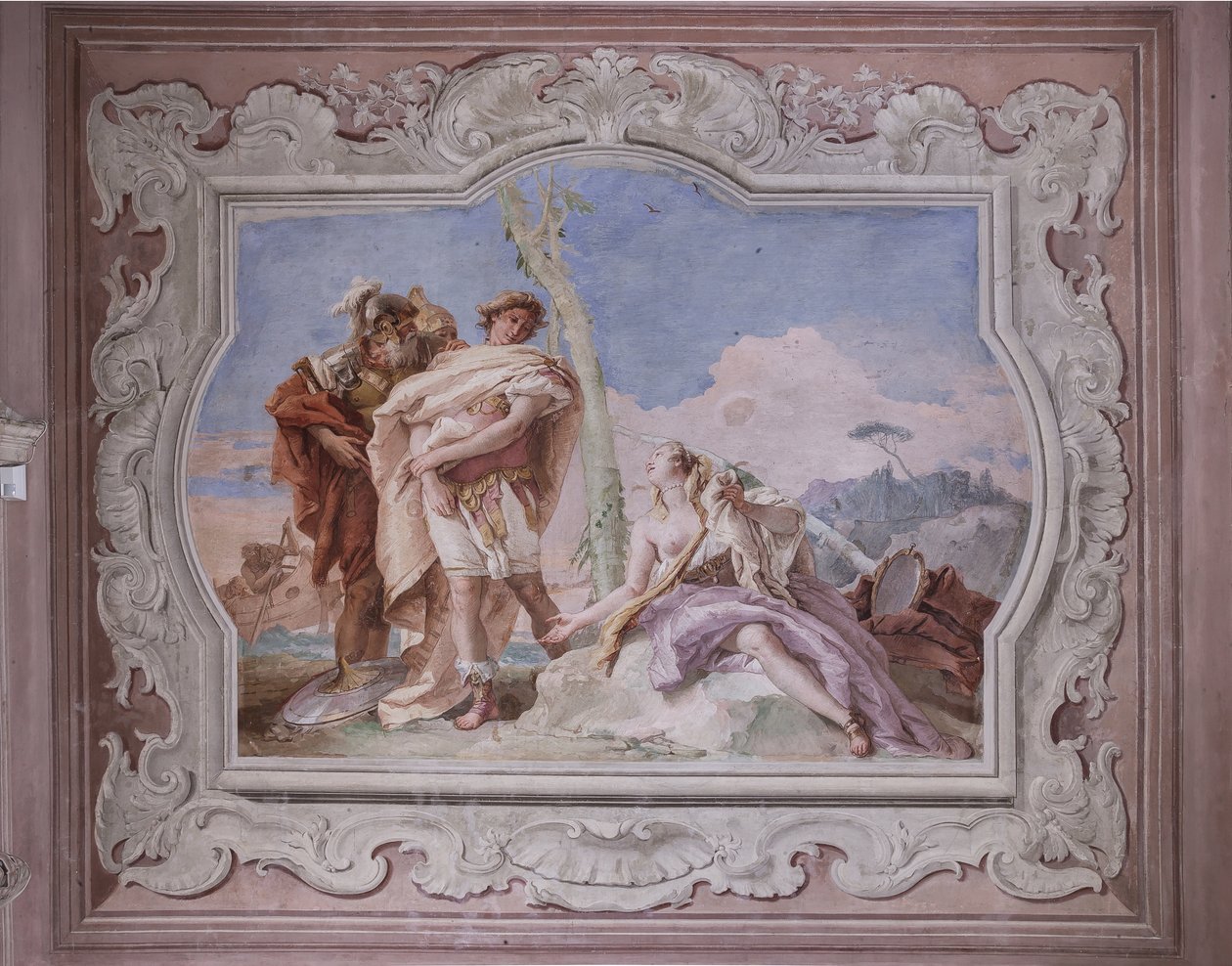 Palazzina (liten bygning): utsikt over det fjerde rommet eller Torquato Tasso, med freescoes som representerer episoder av "Jerusalem Delivered": "Rinaldo, eskortert av Ubaldo og Carlo, forlater Armida" av Giovanni Battista Tiepolo