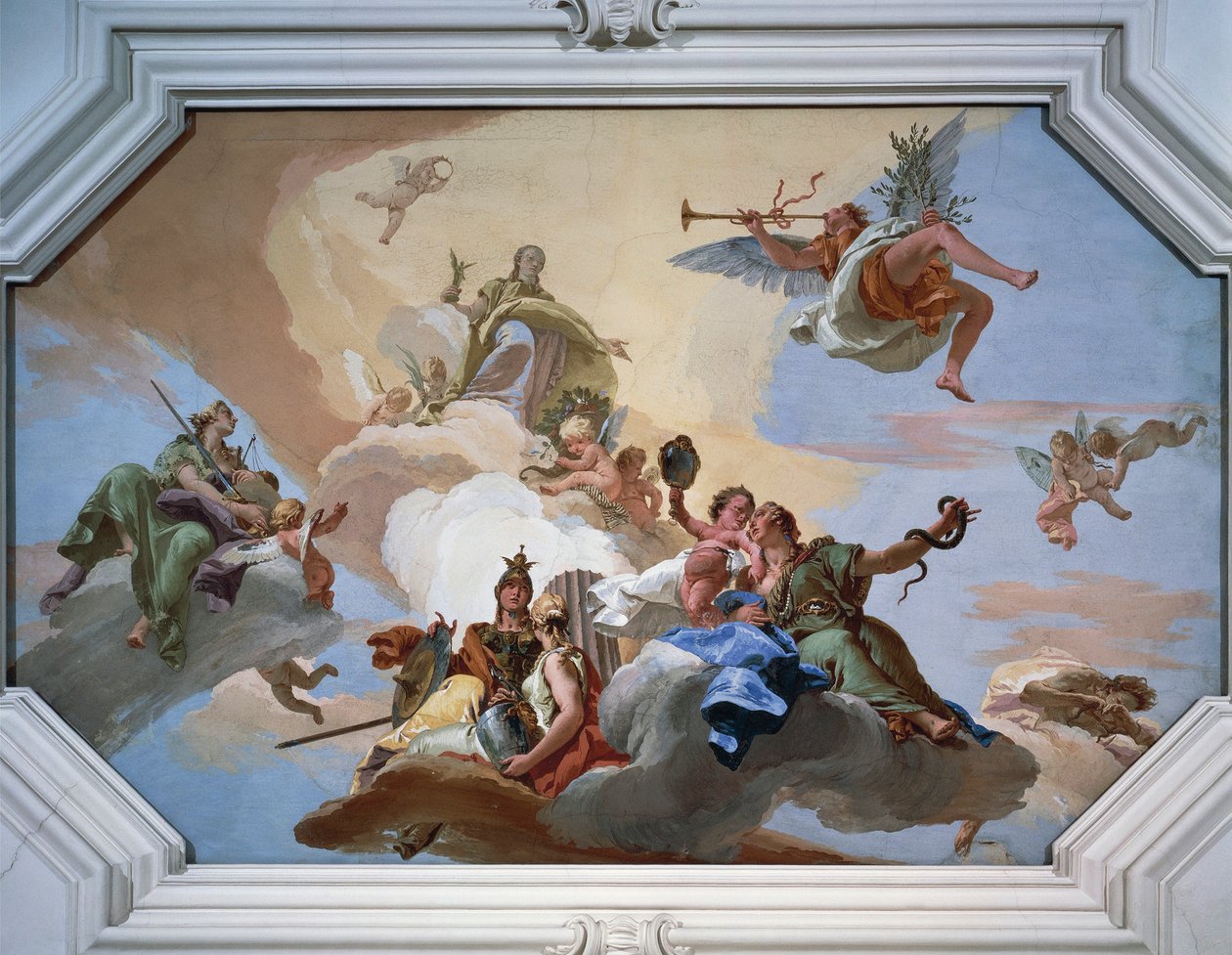 Triumph of Glory annonsert av Fame som står blant kardinaldydene av Giovanni Battista Tiepolo