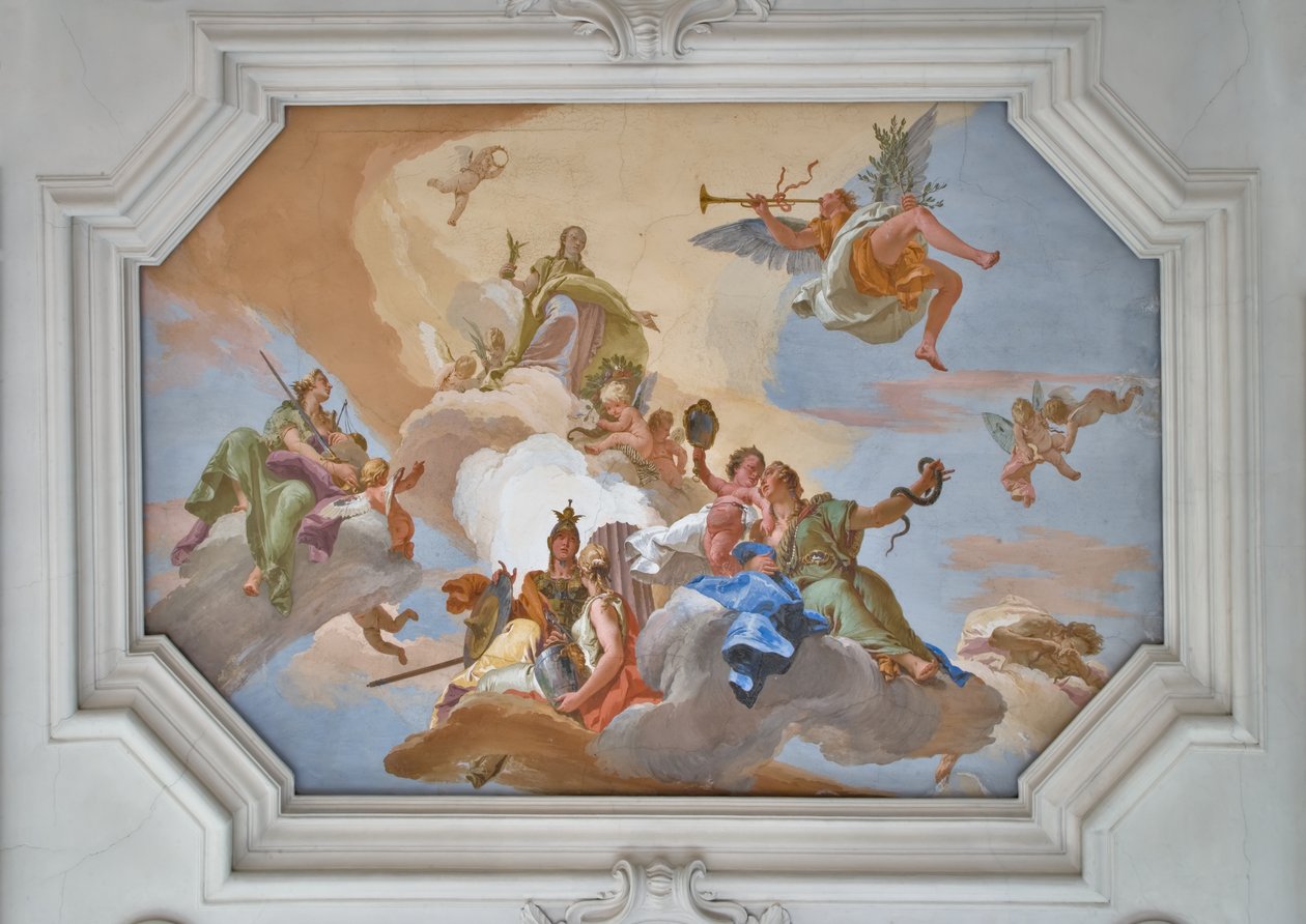 Triumph of Glory annonsert av Fame som står blant kardinaldydene av Giovanni Battista Tiepolo