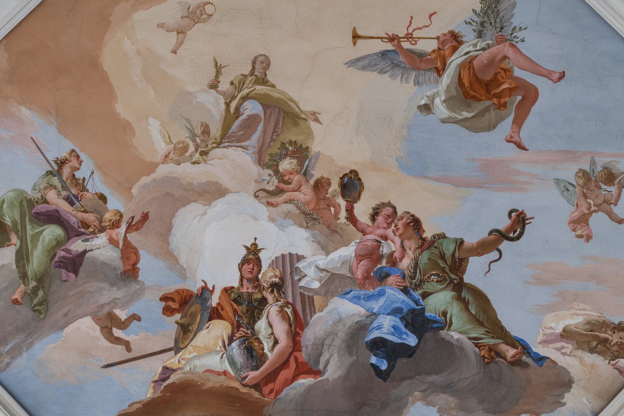 Triumph of Glory annonsert av Fame som står blant kardinaldydene av Giovanni Battista Tiepolo