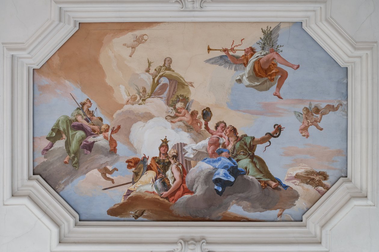 Triumph of Glory annonsert av Fame som står blant kardinaldydene av Giovanni Battista Tiepolo