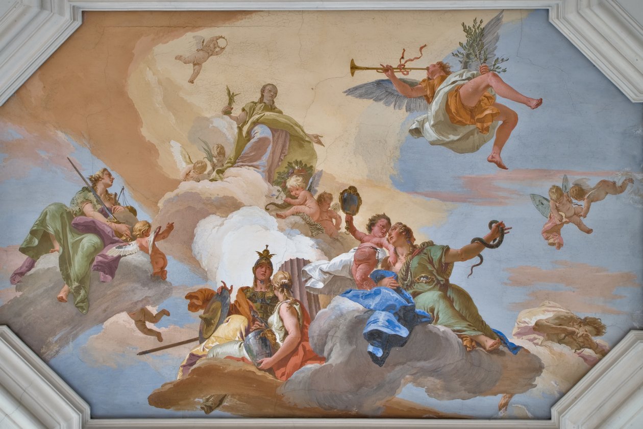 Triumph of Glory annonsert av Fame som står blant kardinaldydene av Giovanni Battista Tiepolo