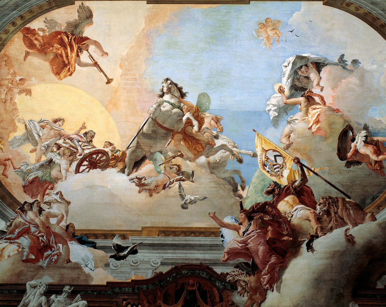 Allegori opprettet for ekteskapet til Lodovico Rezzonico og den adelige venetianeren Faustina Savorgnan i 1758, av Giambattista Tiepolo (1696-1770), freskomaleri, Ca 'Rezzonico Palazzo, Venezia, Italia av Giovanni Battista Tiepolo
