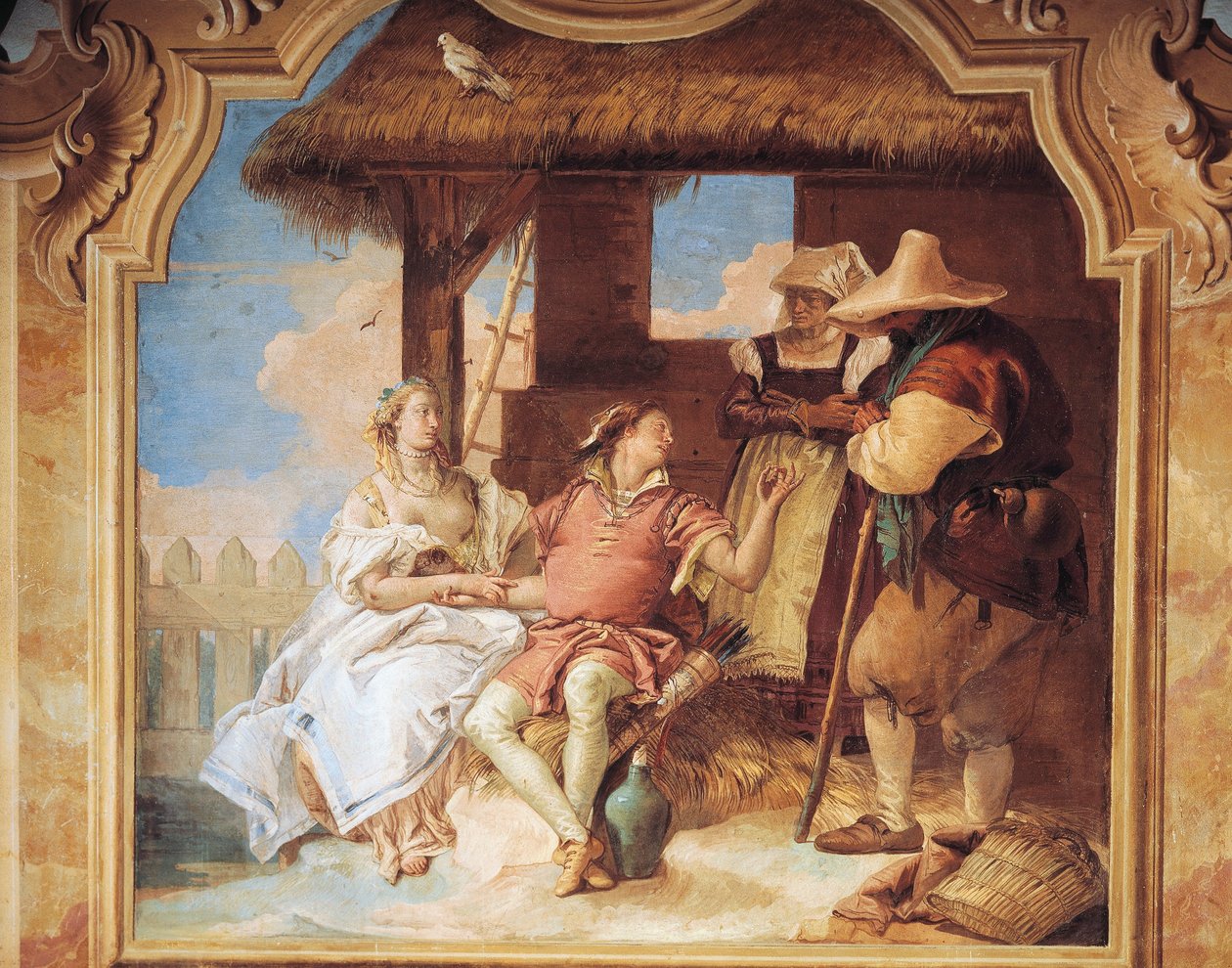 Angelica og Medoro tar avskjed med bønder av Giambattista Tiepolo fra Nani Room of the Frenzy of Orlando i Villa Valmarana, fresco av Giovanni Battista Tiepolo