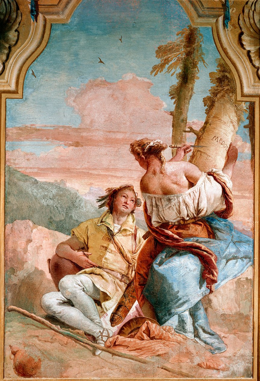 Angelique et Medor - Illustrasjon for "The Furious Roland"" (Orlando Furioso) av Ludovic Arioste (Ariosto) som representerer Angelica (Angelica) som skriver inn navnet til Medor (Medoro), som hun nettopp har blitt sammen med, på en trestamme - Fresco av Gi av Giovanni Battista Tiepolo