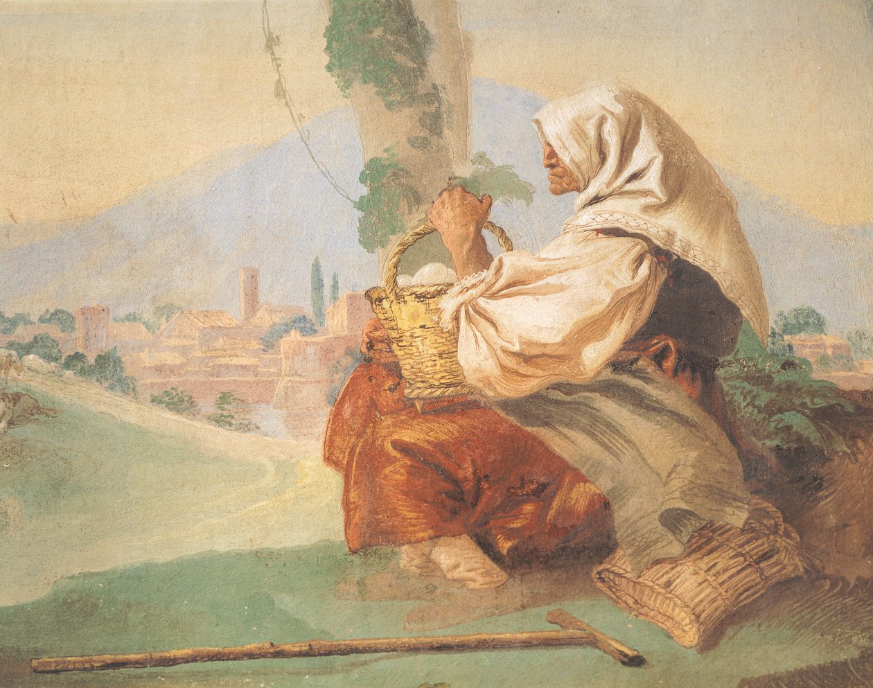 Landskap har bonden En gammel mann sitter, hodet dekket av en blodig mann som skjuler ansiktet av Giovanni Battista Tiepolo