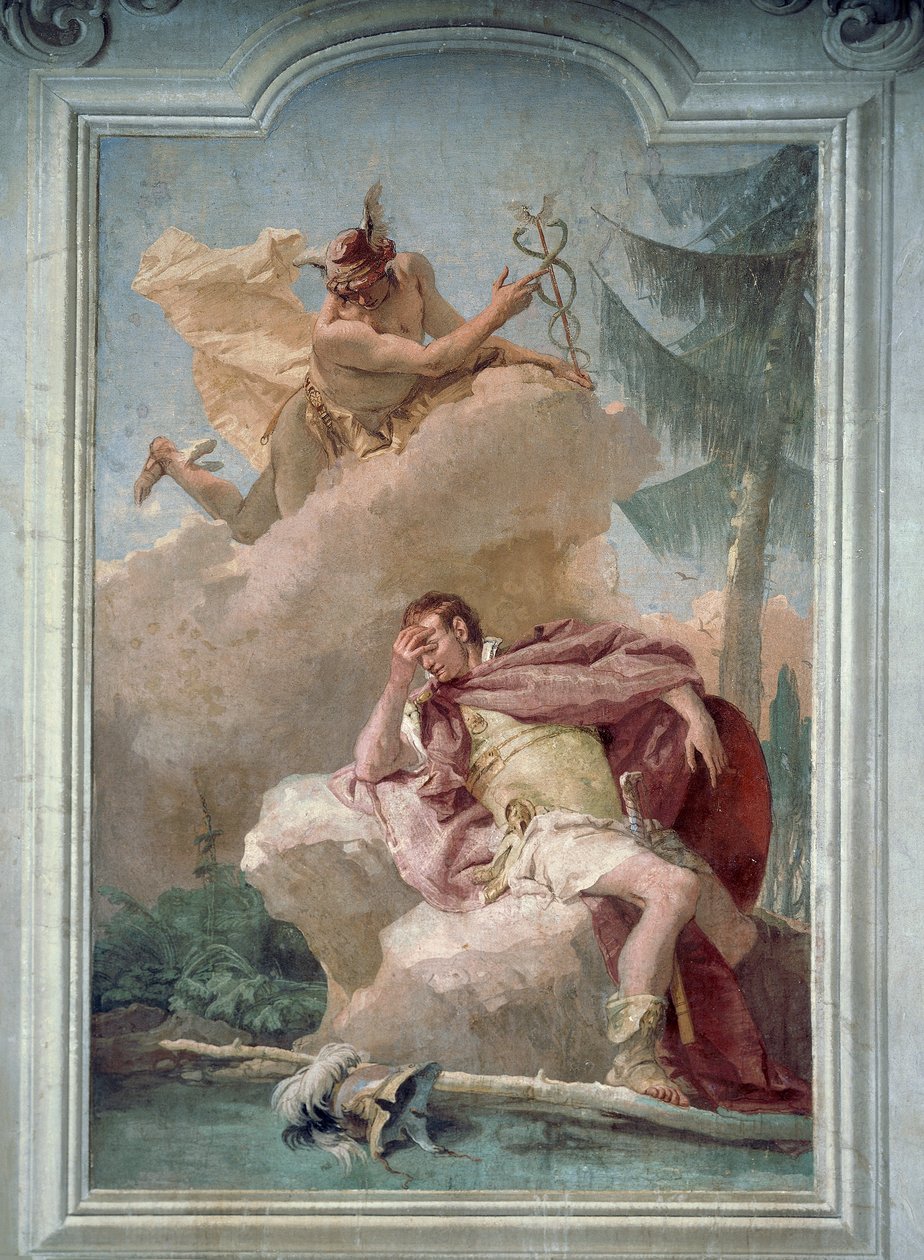 Merkur dukker opp for Aeneas i en drøm for å beordre ham til å dra til Kartago, av Giambattista Tiepolo (1696-1770), Room of Aeneid, Villa Valmarana 'Ai Nani', Vicenza av Giovanni Battista Tiepolo