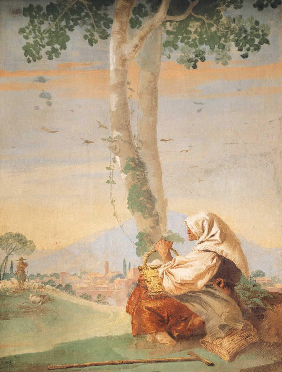 Gammel bondekvinne med en kurv med egg, fra 'Foresteria' (gjestehus) av Giovanni Battista Tiepolo