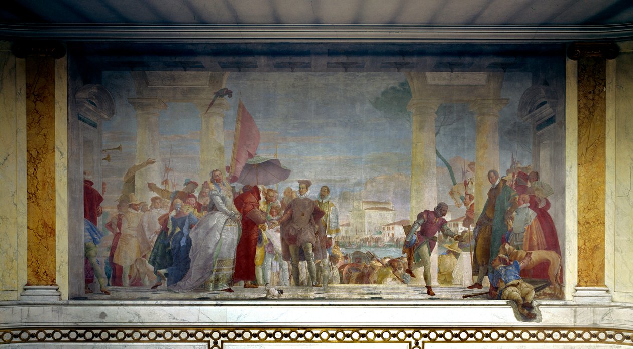 Kongen av Frankrike Henry III (1551-1589) mottatt i Venezia av Federico Contarini i 1574 ved inngangen til villaen Mira. Maleri av Giovanni Tiepolo (1696-1770) av Giovanni Battista Tiepolo