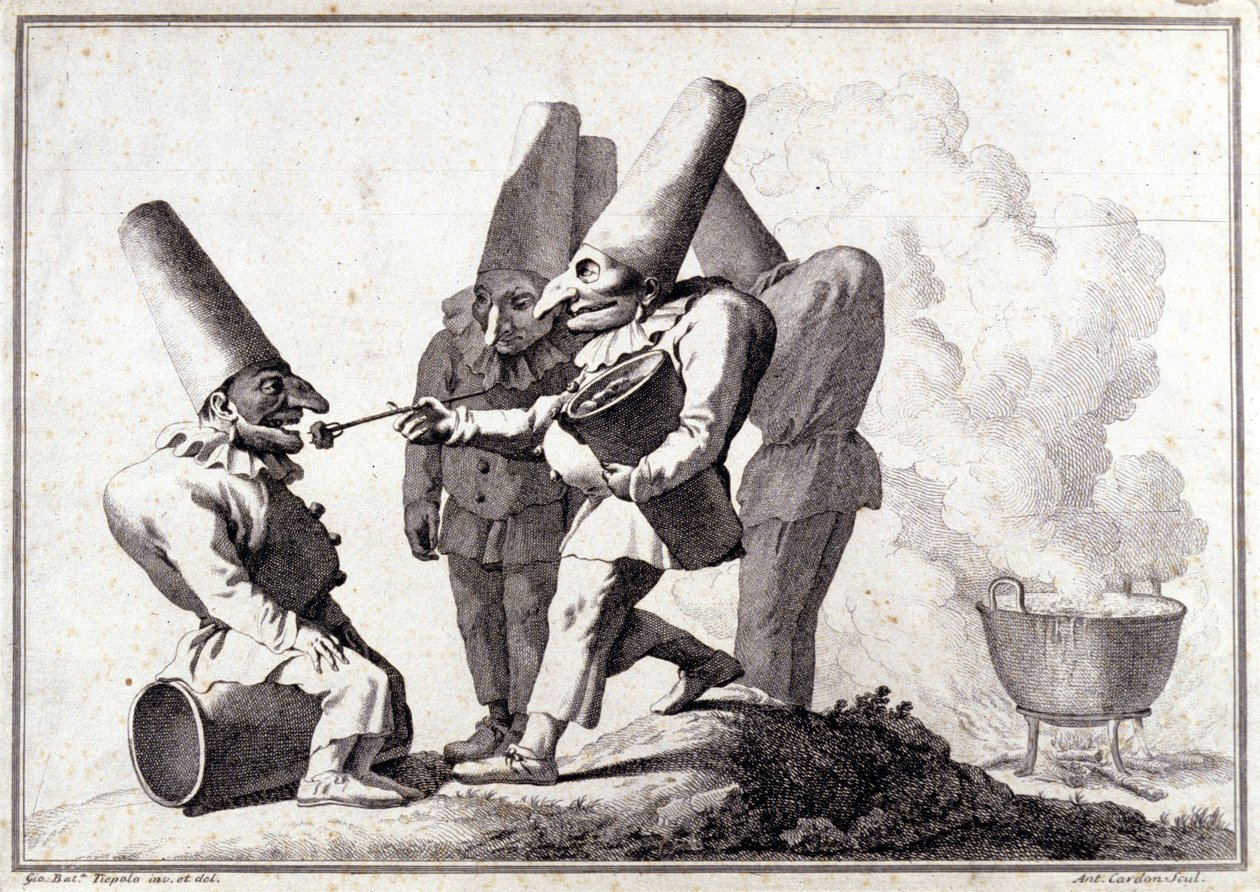 Gruppen av Pulcinella (italiensk Polichinelle). Tegning i penn og vask på blyantmerke av Giovanni Battista (Giambattista) Tiepolo (1696-1770). av Giovanni Battista Tiepolo