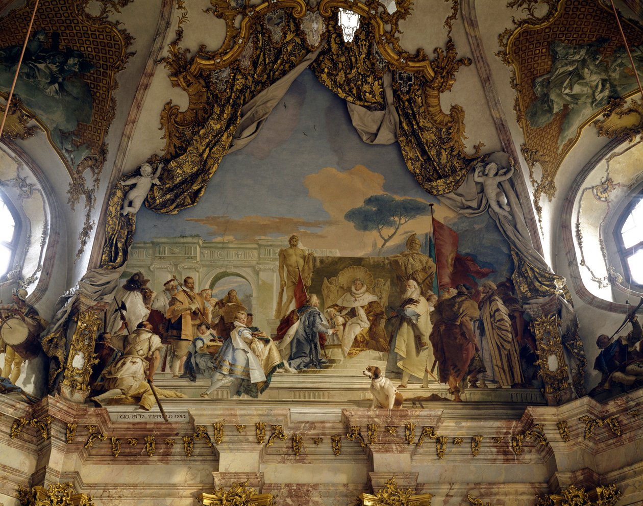 Investituren av Eveque Aroldo av Frederic I av Hohenstaufen (1122-1190) dette Frederic Barberousse, konge av Tyskland og den germanske keiseren Fresco av Giovanni Battista (Giambattista) Tiepolo (1696-1770). 1700-tallspalasset i Würzburg (Würzburg) Tysklan av Giovanni Battista Tiepolo