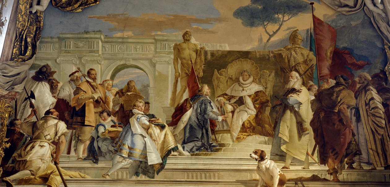 Investituren av Eveque Aroldo av Frederic I av Hohenstaufen (1122-1190) dette Frederic Barberousse, konge av Tyskland og den germanske keiseren Fresco av Giovanni Battista (Giambattista) Tiepolo (1696-1770). 1700-tallspalasset i Würzburg (Würzburg) Tysklan av Giovanni Battista Tiepolo