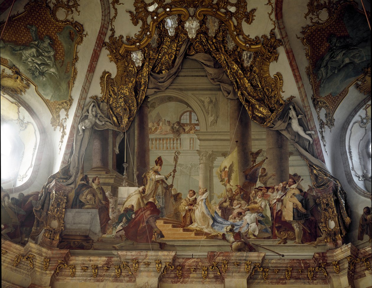 Bryllupet til Beatrice av Burgund og Frederic I av Hohenstaufen (1122-1190) kjent som Frederic Barberousse, konge av Tyskland og germansk keiser i 1156 Fresco av Giovanni Battista (Giambattista) Tiepolo (1696-1770). 1752 Palace of Wurzburg (Würzburg) Ge av Giovanni Battista Tiepolo