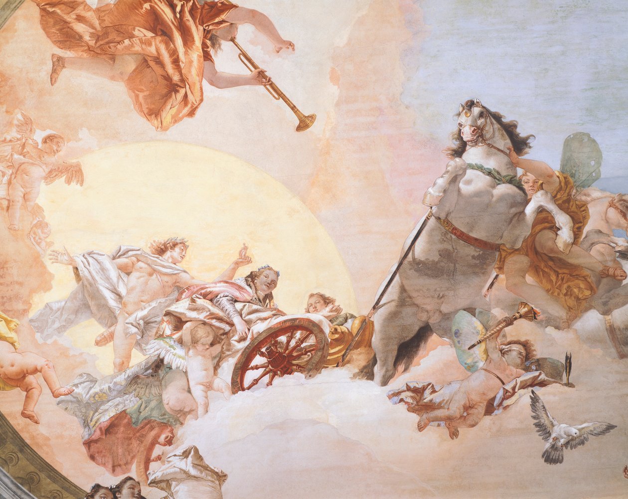 Bryllupsallegori av Giambattista Tiepolo (1696-1770), freskomaleri, detalj, tak i bryllupsallegorirommet, Ca 'Rezzonico (Rezzonico-palasset), Venezia av Giovanni Battista Tiepolo