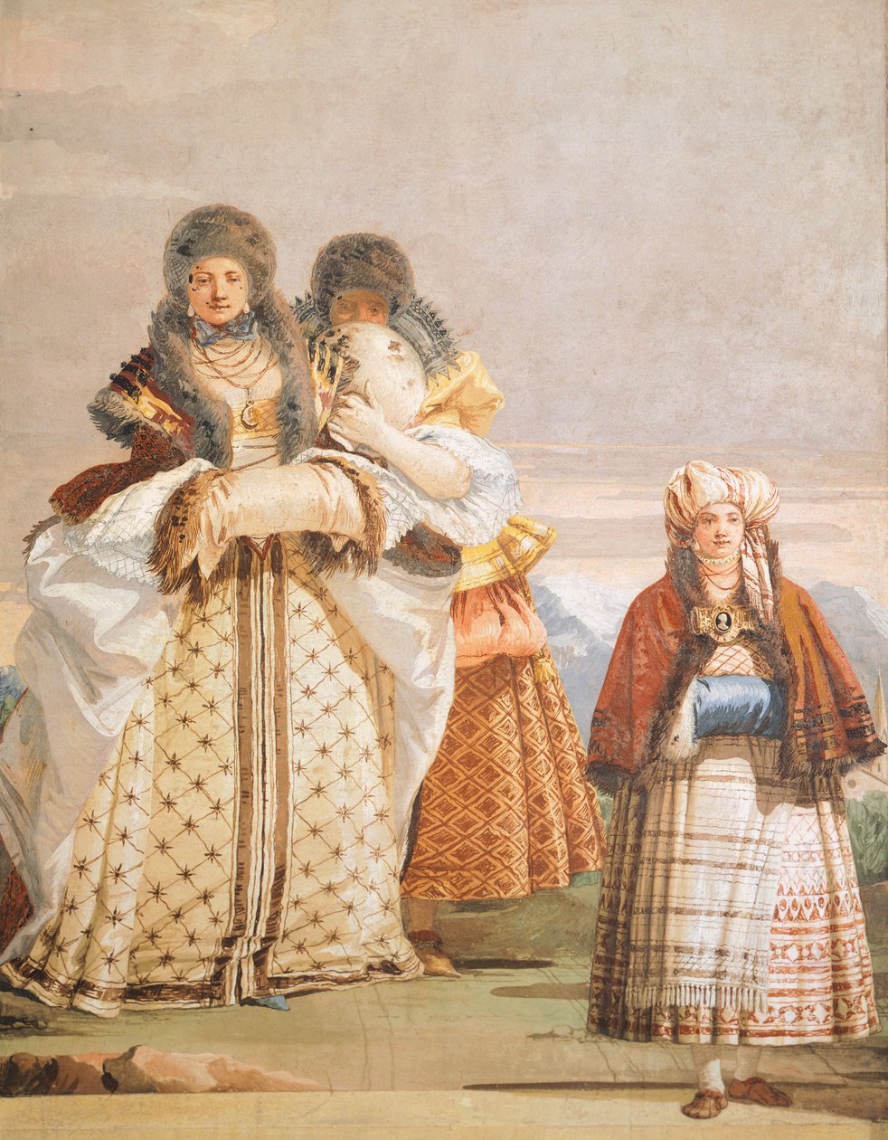 Vintervandring, av Giambattista Tiepolo (1696-1770), freskomaleri, detalj, The Gothic Room, Guest Quarters of Villa Valmarana ai Nani, Vicenza, Italia av Giovanni Battista Tiepolo