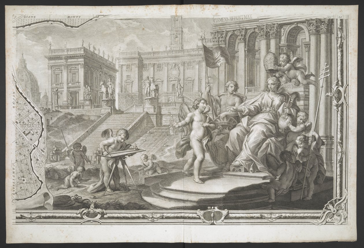 En kvinnelig figur som blir kronet, fra New Plan of Rome, brakt frem i lyset av G. Nolli av Giovanni Battista (after) Nolli