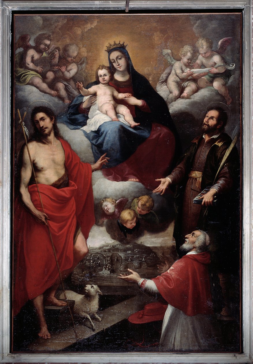Jomfru med døperen Johannes og den hellige Lawrence (olje på lerret av Giovanni Battista Baiardo