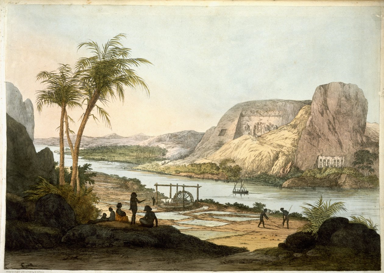 Utvendig utsikt over de to templene i Abu Simbel, fra plater som illustrerer forskerne i Egypt og Nubia, publisert 1822 av Giovanni Battista Belzoni