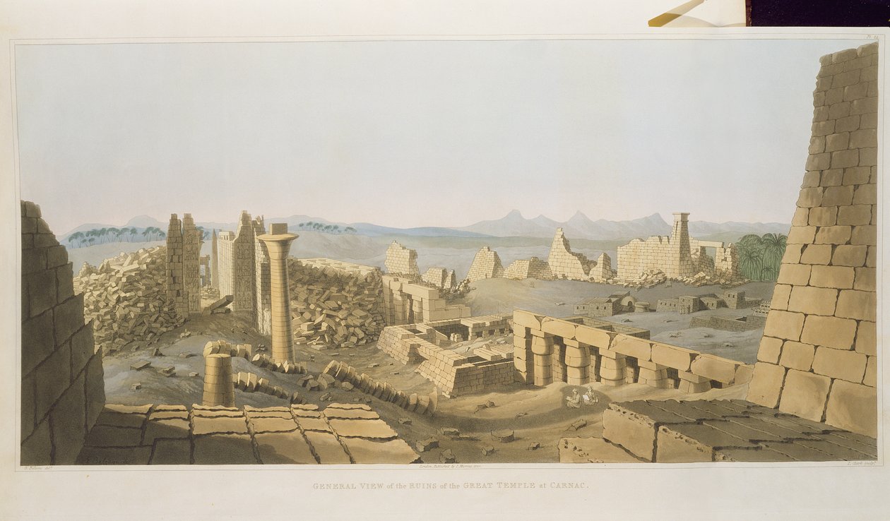 Generell utsikt over ruinene av det store tempelet i Carnac, oppdaget av G. Belzoni, fra Plates Illustrative of the Researches in Egypt and Nubia, gravert av Charles Hullmandel (1789-1850) 1820 (lito) av Giovanni Battista Belzoni