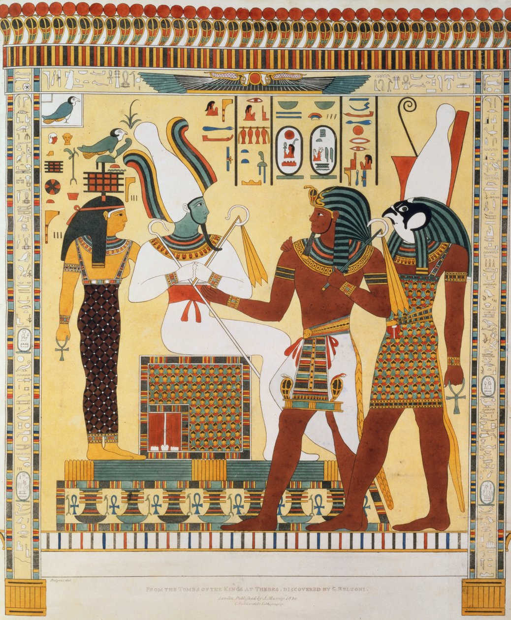 Veggmaleri fra gravene til kongene av Theben, oppdaget av G. Belzoni, plate 19 fra `Plates Illustrative of the Researches in Egypt and Nubia`, gravert av Charles Hullmandel (1789-1850) 1820-22 (liter) av Giovanni Battista Belzoni