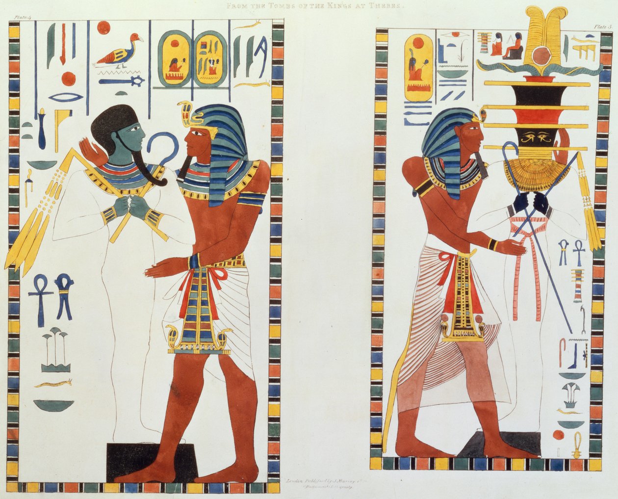 To veggmalerier fra gravene til kongene av Theben, oppdaget av G. Belzoni, plate 5 fra `Plates Illustrative of the Researches in Egypt and Nubia`, gravert av Charles Hullmandel (1789-1850) 1820-22 av Giovanni Battista Belzoni