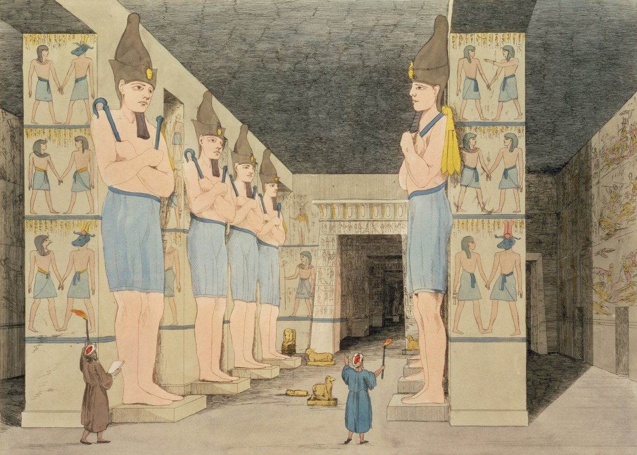 Utsikt over det indre av tempelet i Ybsombul, Nubia, oppdaget av Giovanni Belzoni, gravert av Augustine Aglio (1777-1857) plate 48 fra `Plates Illustrative of the Researches in Egypt and Nubia, av Giovanni Battista Belzoni