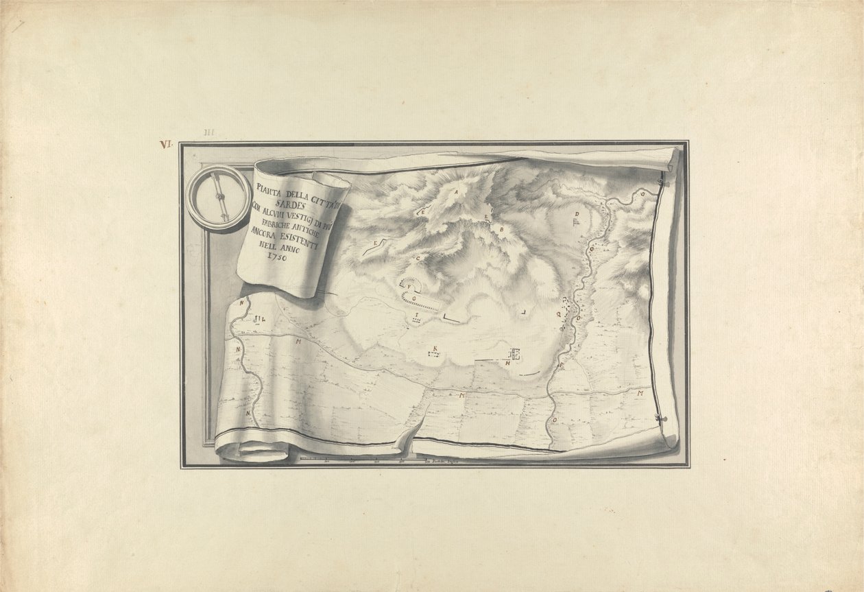 Plan over ruinene på Sardis med utmerkelser av gamle bygninger som fortsatt eksisterer i 1750 av Giovanni Battista Borra