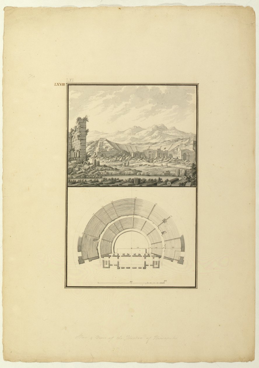 Utsikt og plan for Theatre of Hierapolis (nå Pamukkale), ca. 1750 (penn og blekk og vask på papir) av Giovanni Battista Borra