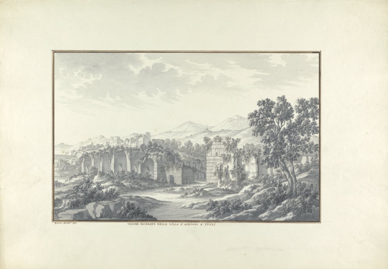 Utsikt over de ødelagte badene ved Hadrians Villa i Tivoli, ca. 1750 av Giovanni Battista Borra